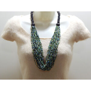 Vintage Women's Necklace Brown Wooden Beads with 30 Strands of glass seed beads